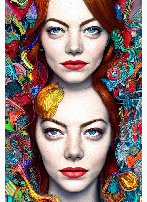 Image similar to portrait of emma stone an ultrafine detailed illustration by james jean, intricate linework, bright colors, final fantasy, behance contest winner, vanitas, angular, altermodern, unreal engine 5 highly rendered, global illumination, radiant light, detailed and intricate environment