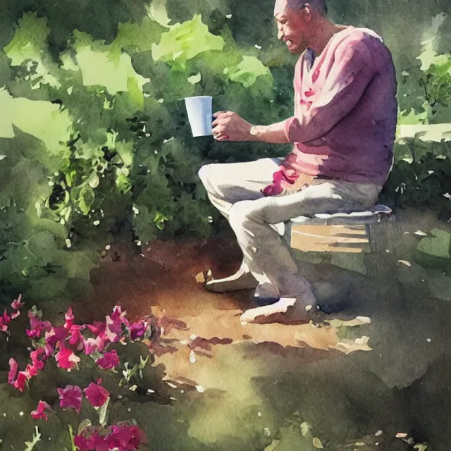 Prompt: john johnson drinking rooibos tea in the garden. watercolor by the award - winning concept artist