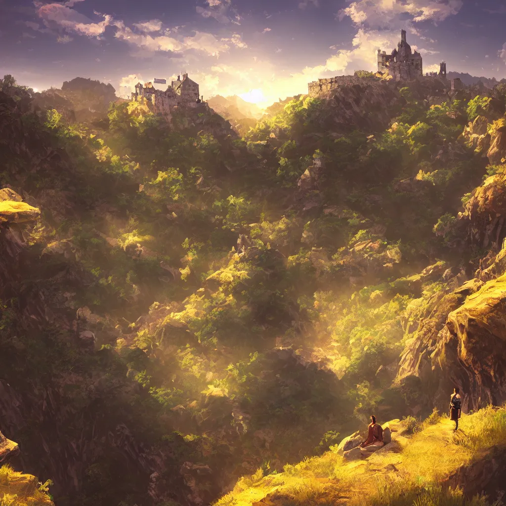 Prompt: a traveler on a mountain overlooking a castle in a valley, game art, digital painting, golden hour,