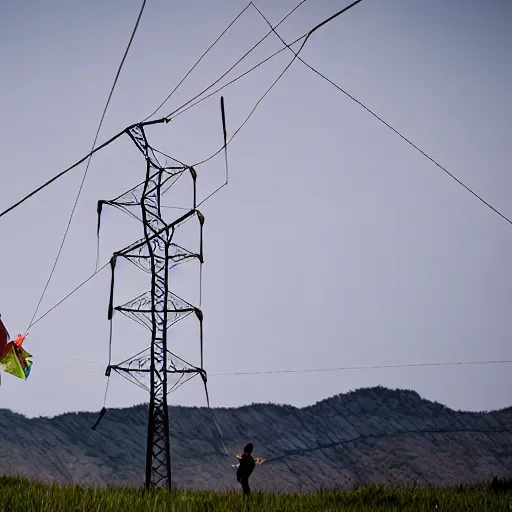 Image similar to a person on a hill flying a kite, next to a high-voltage transmission lines, in the style of filmmaker Shunji Iwai,