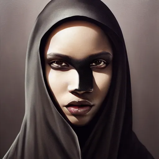 Image similar to a portrait of a young black woman wearing a long dark cloak, hood and shadows covering face, anatomically correct, beautiful perfect face, enigmatic, oil painting, matte painting, black background, Volumetric dynamic lighting, Highly Detailed, Cinematic Lighting, Unreal Engine, 8k, HD, by Beksinski