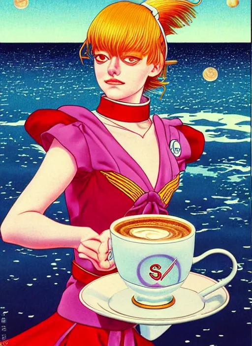 Image similar to realistic portrait of emma stone as a sailor moon, making the coffee, early morning, light falling on face, futuristic, highly detailed, 8 0 - s style poster, sharp focus, illustration, art by kawase hasui,