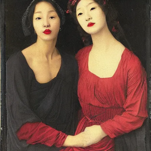 Prompt: Woman holding another woman, arm around her neck, she is Korean, the other black, both have red lips, wearing a veil, Pre-Raphaelite style