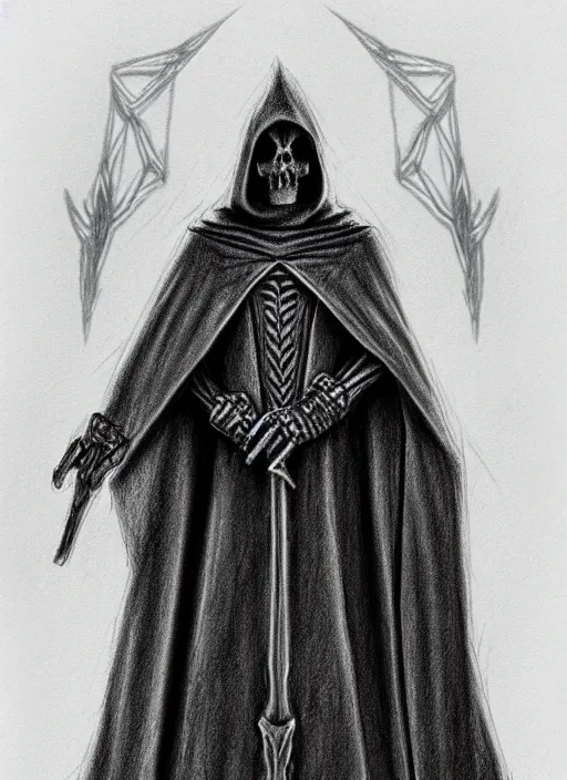 Image similar to pencil ultradetailed sketch of the necromancer, wearing a black cloak, crisp