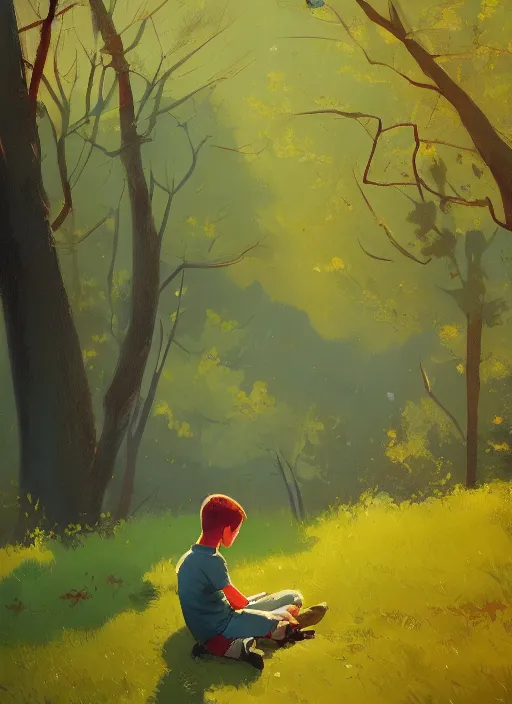 Image similar to impressionistic painting of a boy sitting on a hill in the woods, concept art by atey ghailan, featured on artstation, plein air, official art, 2 d game art, artstation hd, painterly