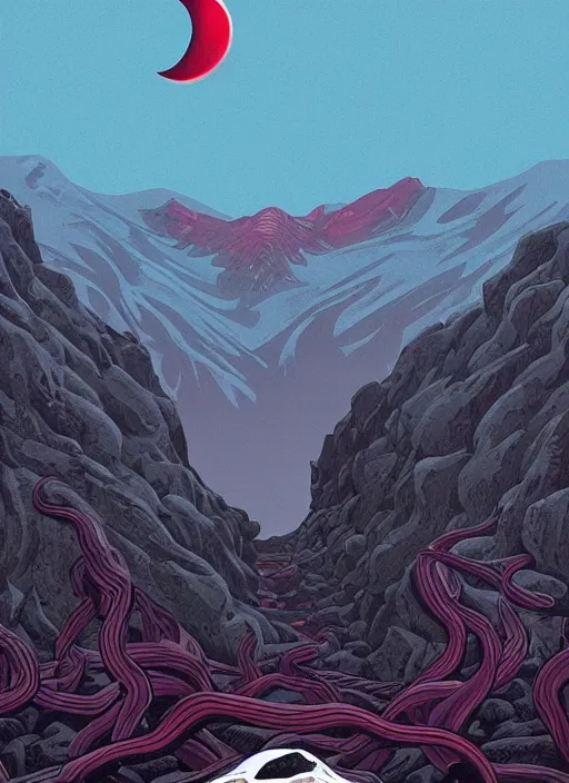 Image similar to Twin Peaks movie poster artwork by Michael Whelan and Tomer Hanuka, Rendering of Blood moon tentacles, from a scene from Twin Peaks, clean, full of detail, Matte painting, trending on artstation and unreal engine