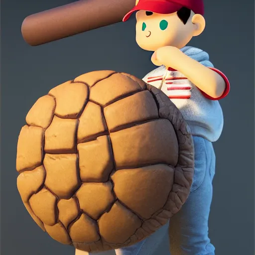 Prompt: ness from earthbound striking a giant chocolate cookie with a baseball bat, smashing it to bits by ruan jia. artstation, volumetric light, detailed, photorealistic, fantasy, rendered in octane