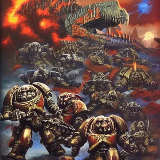 Image similar to Warhammer 40k space Marines fighting dinosaurs, by John blanche