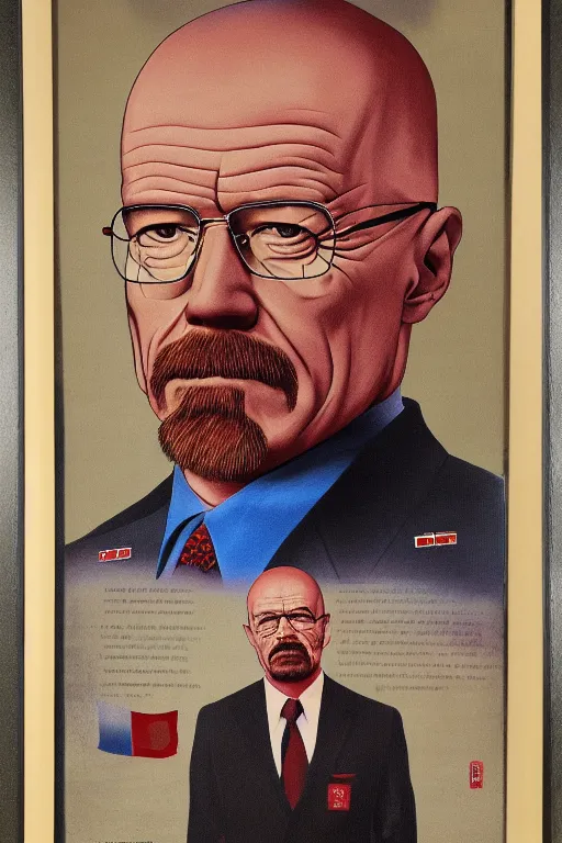 Prompt: a political portrait painting of walter white, north korean official propaganda art, sharp, perfect skin, glamorous eyes