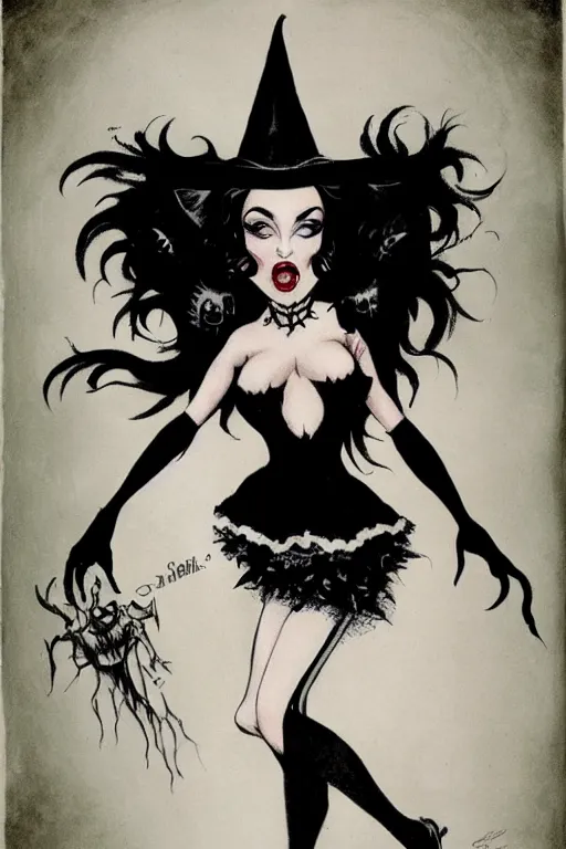 Prompt: of a witch girl burlesque psychobilly punk, detailed face, black hair, white background, drawing, illustration by frank frazetta