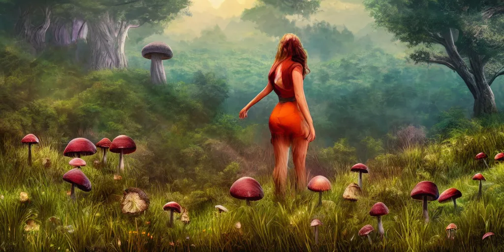 Prompt: Woman on a mountain surrounded by mushrooms, lush mushroom forest, tall grass, flowers, scenic, valley in the background, expansive, sense of scale, depth, 8k, trending on artstation