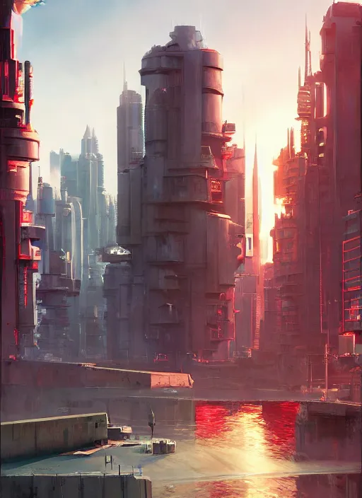 Image similar to futuristic city on the edge of steel kitchen sink red propaganda flags by ross tran, thierry doizon, craig mullins, ilya kuvshinov, artgerm, edward hopper, dan mumford, wlop, rutkovsky, carl spitzweg, moebius, unreal engine 5, lumen, nanite