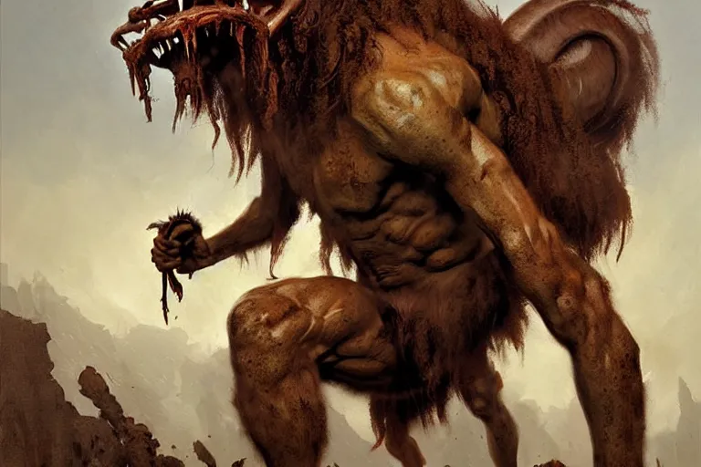 Prompt: satyr brute that is a horrifying hairy creature. by greg rutkowski, detailed painting