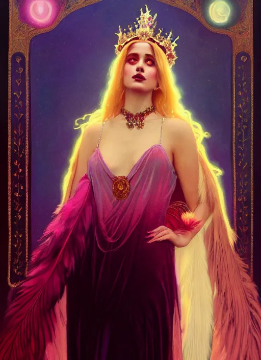 Prompt: ombre velvet gown, feathers, lovely queen, portrait, long hair, tiara, jeweled choker, feral languid woman, by greg rutkowski, anato finnstark, alphonse mucha, global illumination, radiant light