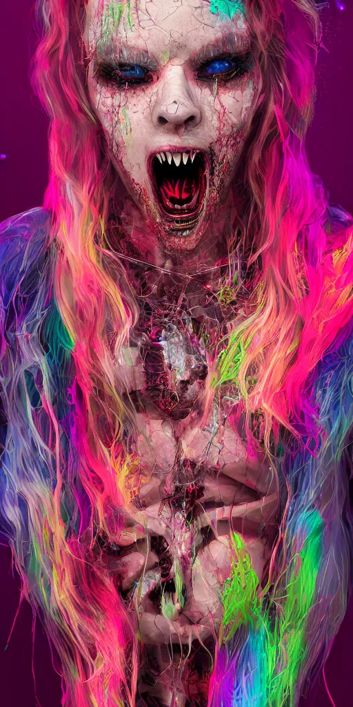 Image similar to impossibly beautiful vampire with large vampire fangs, full body, intricate complexity, horror, psychedelic glitch art, rainbow drip paint, trending on art station, photoreal, 8k, octane render