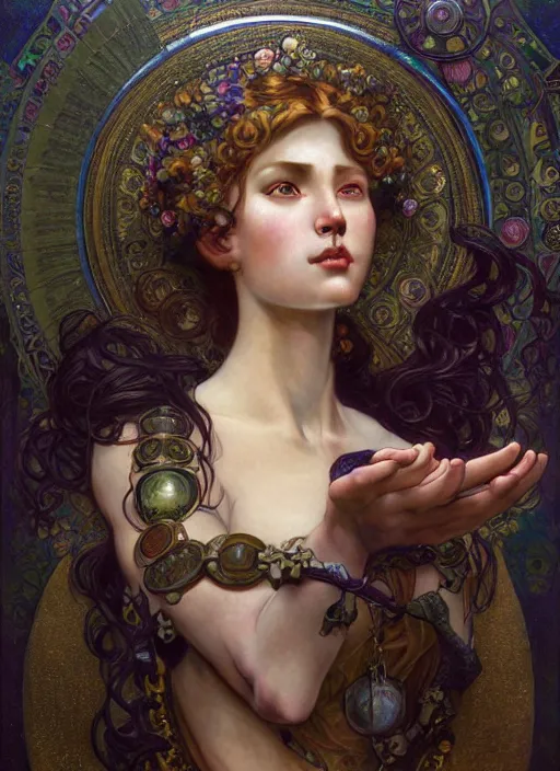 Image similar to hyper detailed masterpiece angellic girl elite by donato giancola and tom bagshaw, face by artgerm and edmund leighton, and alphonse mucha, trending on artstation, dreamlike, melancholy aesthetic, ornate, background by gustav klimt, 8 k, black gothic, majestic, volumetric lighting, porcelain skin, concept art, sharp focus