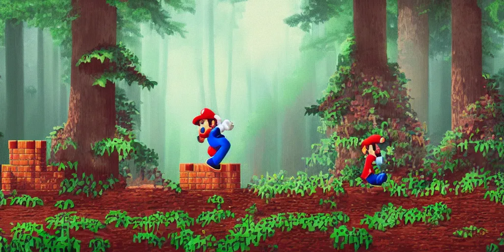 Image similar to a picture of mario from super mario bros wanlking in the forest pixelart style ultra realistic, highly detailed, sharp focus, cinematic lighting, mood lighting, realistic, vivid colors, painting, photorealistic, digital art, non blurry, sharp, smooth, illustration, 4 k, artstation,