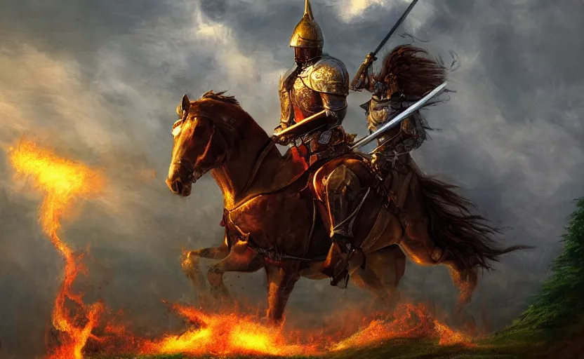 Prompt: knight mounted in a horser, wielding a great sword of fire, standing in frontal of a castle, castle realistic, armor electricity hyperrealism, big forest world fantasy hyperrealism, sky lightnings artstation realistic