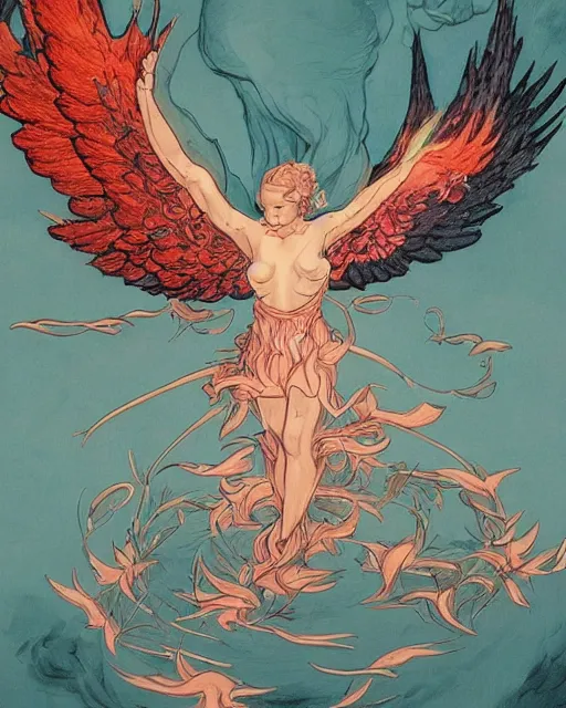 Prompt: an artwork by James Jean of an angel burning it wings. Art, highly detailed 4K