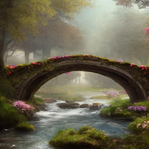 Prompt: matte painting of an old mason bridge decorated with flowers alongside above a small river stream, realistic, 4 k, artstation, dreamy, fog, volumetric lighting n 4