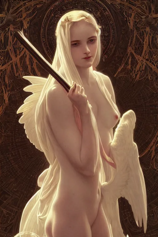 Prompt: Portrait of beautiful pale demonic angelic girl with devil\'s horns and nimbus, cinematic lighting, intricate, elegant, highly detailed, digital painting, artstation, smooth, sharp focus, illustration, art by artgerm and greg rutkowski and alphonse mucha and Wayne Barlowe and william-adolphe bouguereau