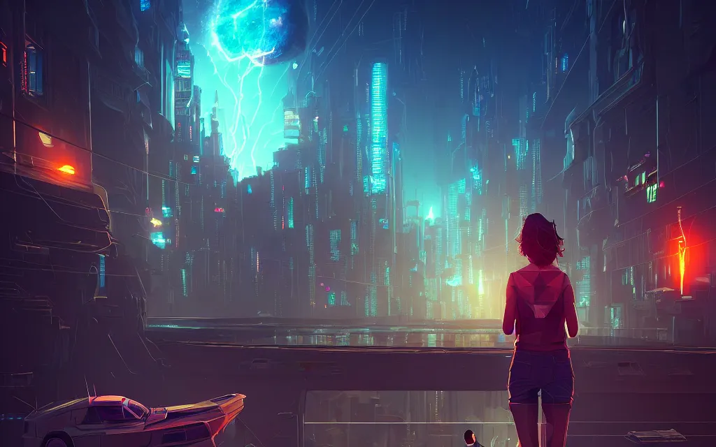 Image similar to girl staring at a meteorite hitting a floating cyberpunk city at night by wlop, low poly art, ultra detailed color art, high detail, digital art