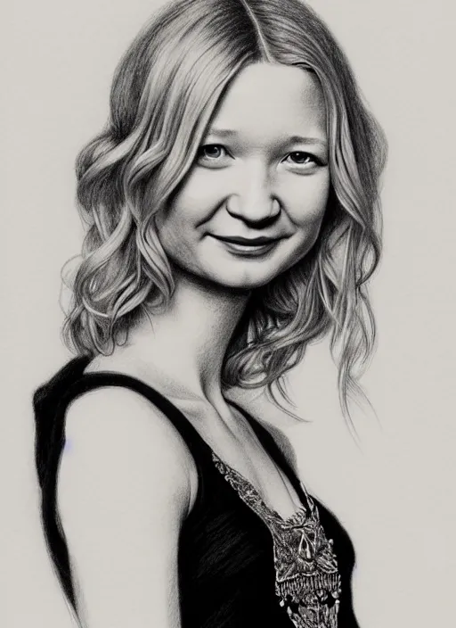 Prompt: a pencil drawing portrait of mia wasikowska with blonde hair smiling, in a dress, jewelry, greek, intricate, headshot, highly detailed, drawn with pencil, black and white, artstation, concept art, sharp focus, cinematic lighting, illustration, art by artgerm and greg rutkowski, alphonse mucha, cgsociety