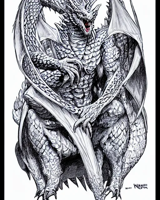 Prompt: blue eyes white dragon as a d & d monster, pen - and - ink illustration, etching, by russ nicholson, david a trampier, larry elmore, 1 9 8 1, hq scan, intricate details, high contrast