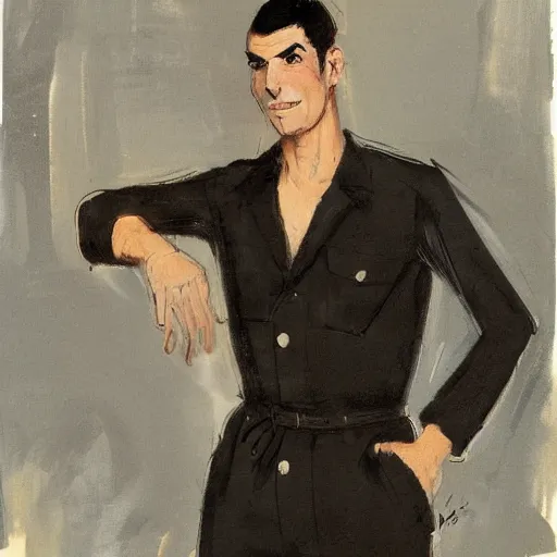 Image similar to art of a portrait by marc davis, a man in his thirties, mix between french, turkish and russian, short black hair with bangs, very tall and slender, wearing a retro - futuristic beige and black utilitarian jumpsuit.