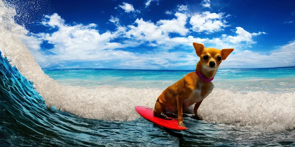 Image similar to chihuahua surfing tropical background waves focus photography 4k hyper realism surreal sunny beach