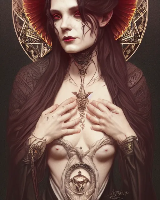 Image similar to portrait of a satanic witch, tattooed face, upper body, decorated, intricate, elegant, highly detailed, digital painting, artstation, concept art, smooth, sharp focus, illustration, art by artgerm and greg rutkowski and alphonse mucha, 8 k