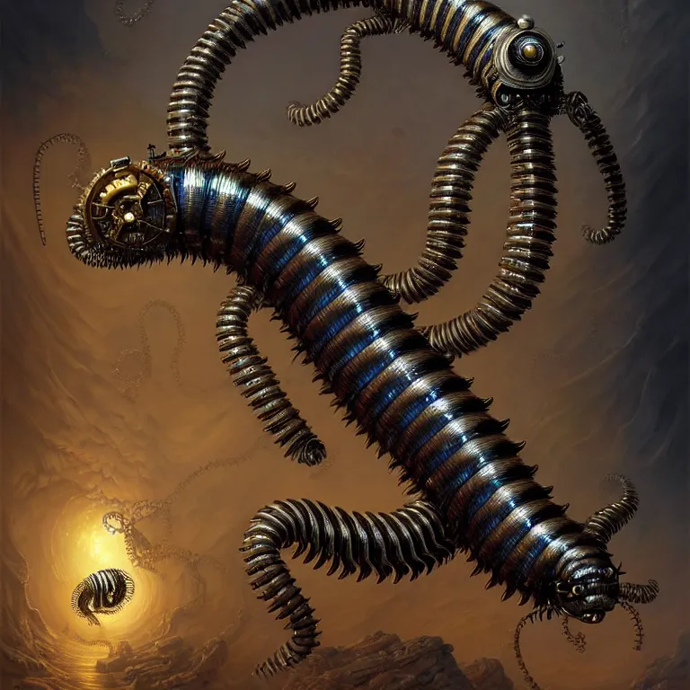 Image similar to steampunk robot millipede, unreal engine realistic render, 8 k, micro detail, intricate, elegant, highly detailed, centered, digital painting, artstation, smooth, sharp focus, illustration, artgerm, tomasz alen kopera, peter mohrbacher, donato giancola, joseph christian leyendecker, wlop, boris vallejo