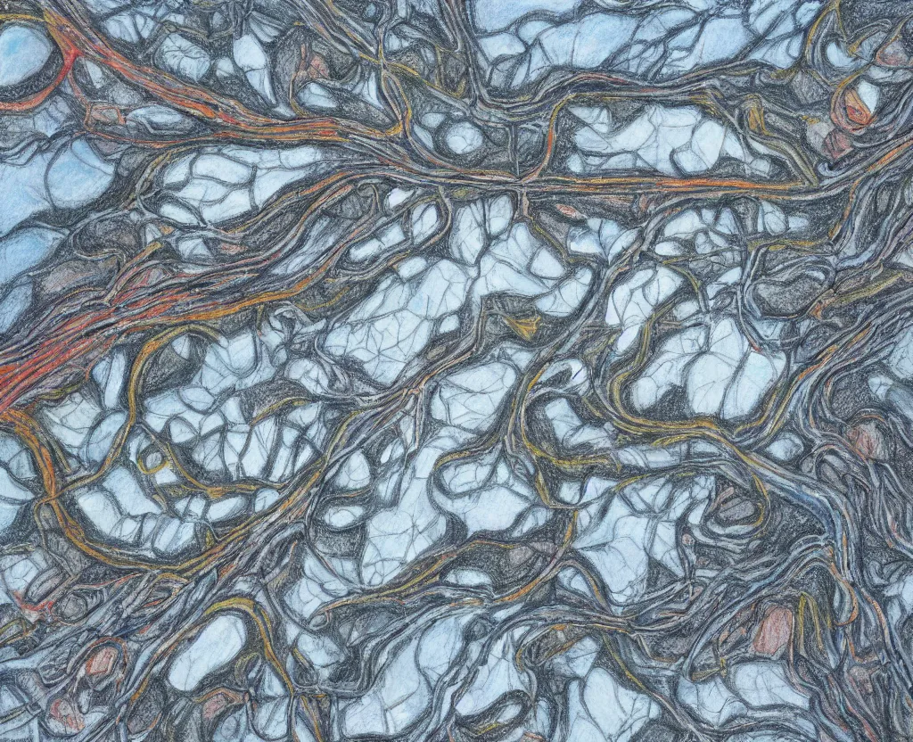 Image similar to Icy road meandering through fields of fire, aerial view, detailed coloured pencil drawing