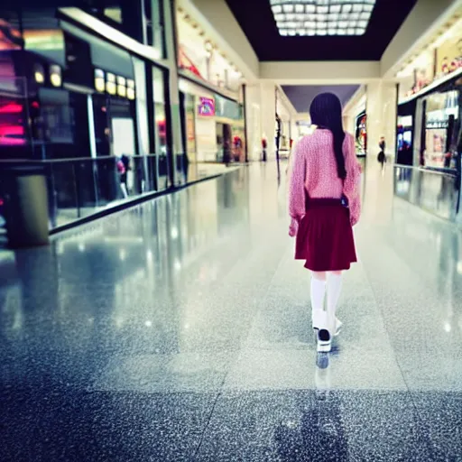 Prompt: a closeup portrait of woman walking in mall alone in style of 1990s, street photography seinen manga fashion edition, miniature porcelain model, focus on face, eye contact, tilt shift style scene background, soft lighting, Kodak Portra 400, cinematic style, telephoto