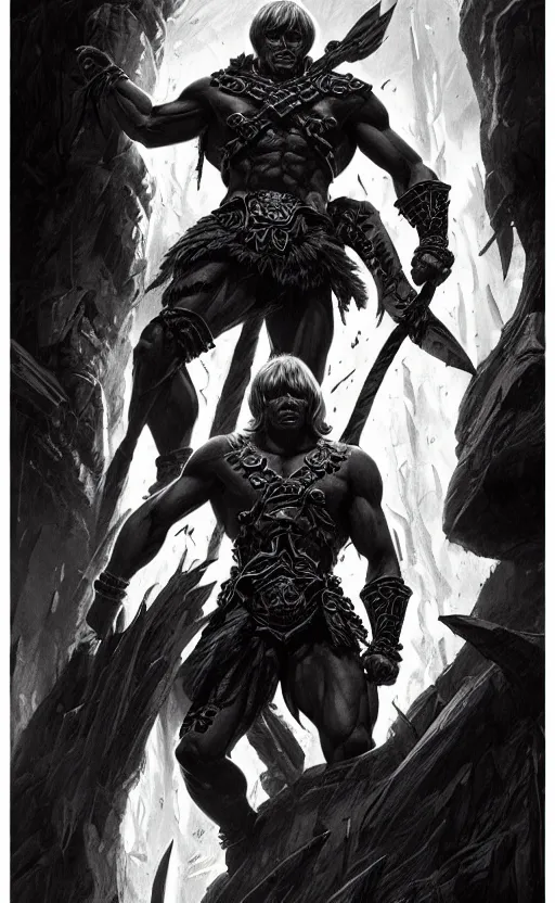 Image similar to uncut portrait of he - man, dark and mysterious and eerie and ominous character, cinematic, epic, highly detailed, intricate, illustration, artwork by marcus whinney and greg rutkowski