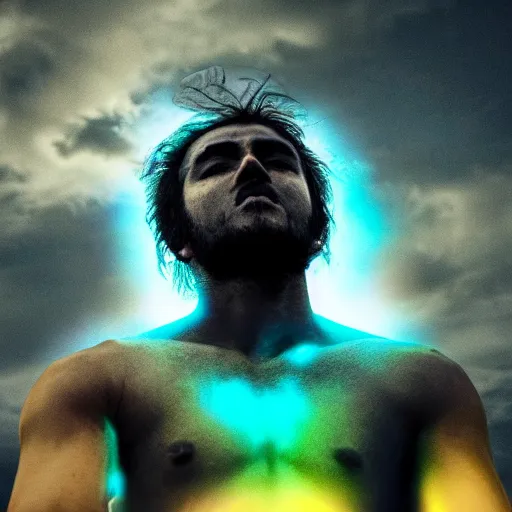 Image similar to A handsome Peruvian god floating with his arms up, his eyes glowing yellow, casually dressed, his whole body glowing blue ominously. Shot from below, photorealistic, ominous and apocalyptic dark sky.