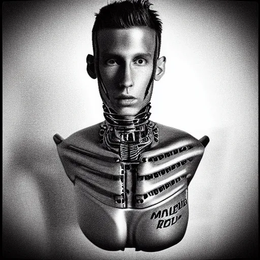 Image similar to “a realistic detailed photo of a guy who is an attractive humanoid who is half robot and half humanoid, who is a male android, rapper Machine Gun Kelly, shiny skin, posing like a statue, blank stare”