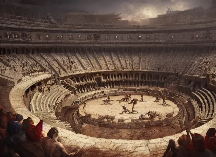 Prompt: a historical depiction of an epic scene at the roman coliseum filled with dueling gladiators, in the style of greg rutkowski, michelangelo, digital painting, unreal engine, extremely detailed masterpiece