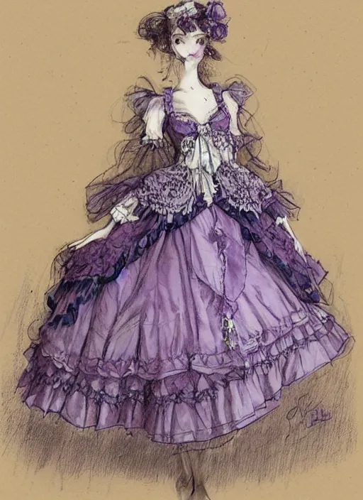 Image similar to violet - themed lolita fashion dress design, victoria, lace, elegant, muted colors. sketch by jean - baptiste monge