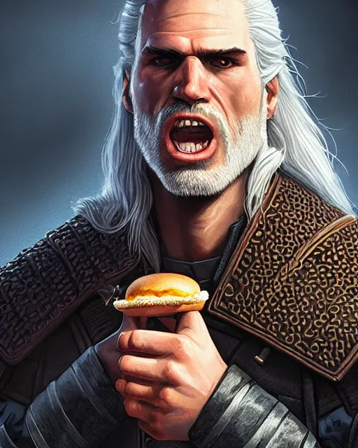 Image similar to portrait of geralt of rivia eating a hamburger, fantasy, intricate, elegant, highly detailed, digital painting, artstation, concept art, smooth, sharp focus, illustration, by artgerm and greg rutkowski