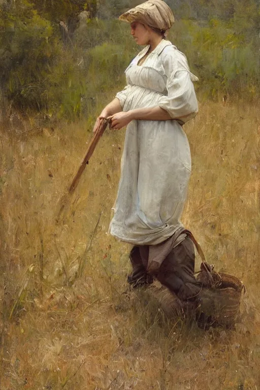 Image similar to Solomon Joseph Solomon and Richard Schmid and Jeremy Lipking painting full length portrait painting of a young woman going to work in the field