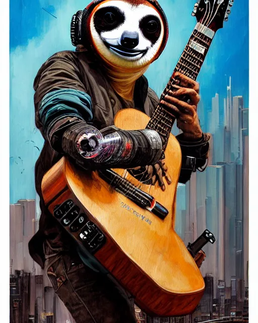 Image similar to a portrait of an anthropomorphic cyberpunk sloth strumming an acoustic guitar by sandra chevrier, by jon foster, detailed render, tape deck, epic composition, cybernetics, 4 k realistic, cryengine, realistic shaded lighting, sharp focus, masterpiece, by enki bilal