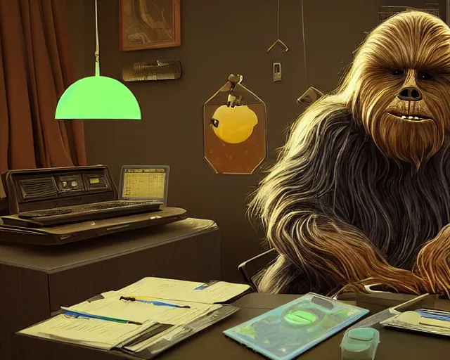 Prompt: wookiee at home trading crypto. the charts are at all time highs, gains, green charts, painting by grant wood and frank frazetta, 3 d rendering by beeple, wlop