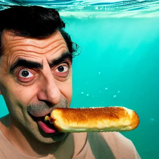 Image similar to An Alec Soth portrait photo of Mr. Bean eating a corndog while underwater