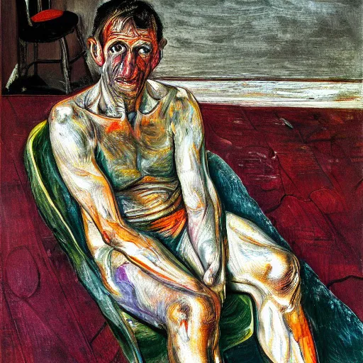 Prompt: high quality high detail painting of a man in agony by lucian freud and edvard munch and francis bacon, hd, poor beggar on the streets of london, turquoise and orange