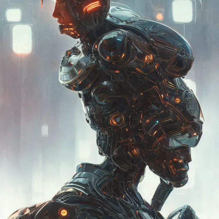 Image similar to symmetry, portrait of cyborg, sci - fi armour, tech wear, cables, glowing lights, sci - fi, intricate, elegant, highly detailed, digital painting, artstation, concept art, smooth, sharp focus, illustration, art by artgerm and greg rutkowski and alphonse mucha