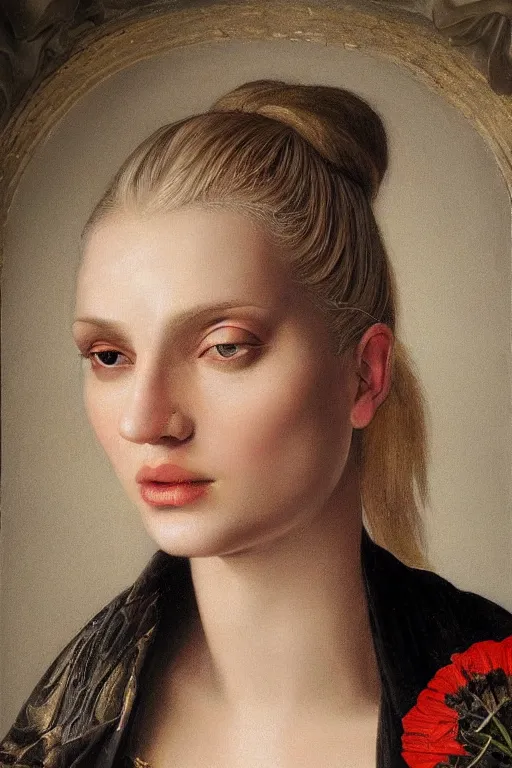 Prompt: hyperrealism close-up mythological portrait of a medieval blond female merged with huge number of poppy, dark palette, pale skin, wearing silver silk robe, in style of classicism