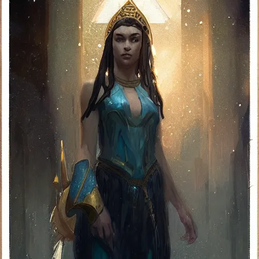 Image similar to portrait of beautiful priestess in ancient atlantis by greg rutkowski