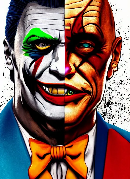 Image similar to dwayne rock johnson as joker, movie shot, crazy make up clown, impressive, trippy, by katsuya terada, hd, artstation