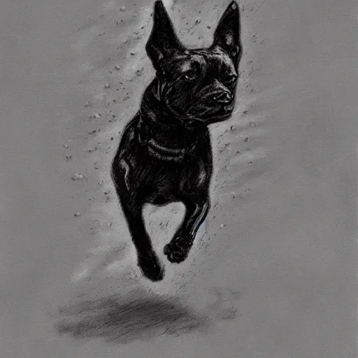 Prompt: a black tall surrealistic dog, running in the rain, summer day, everything is shining, surrealistic, sketch